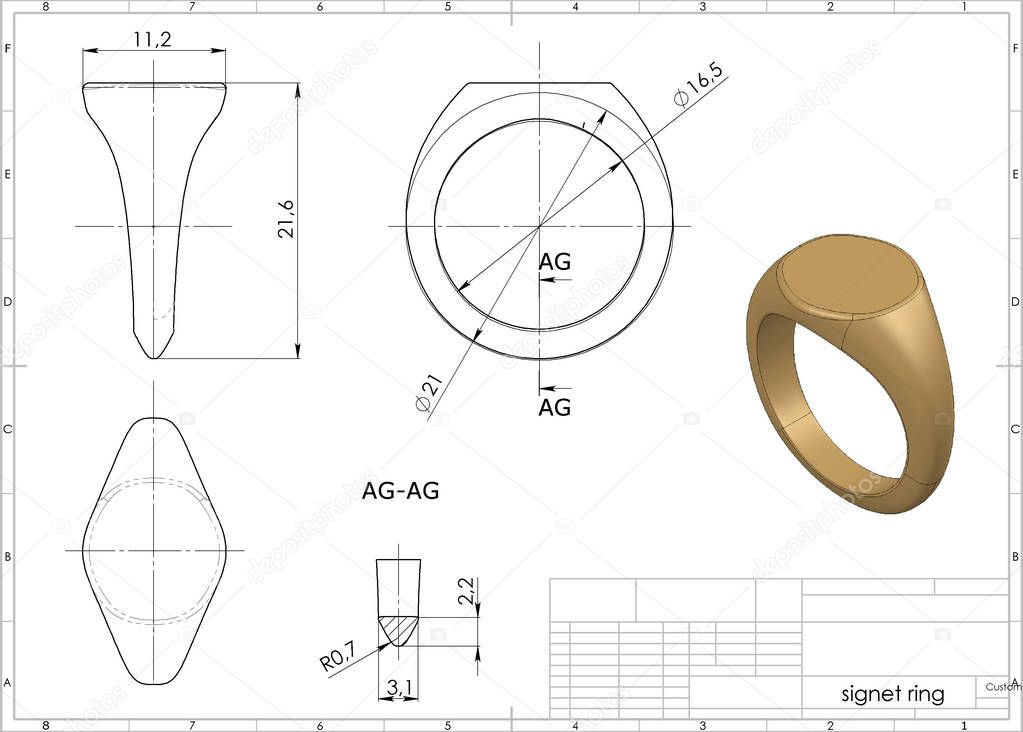 3D illustration of signet ring above engineering drawing