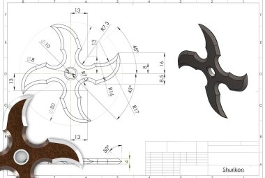 Ninja shuriken yıldızının 3 boyutlu resmi teknik mühendislik çiziminin üzerinde
