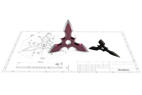 3d illustration of ninja shuriken star above technical engineering drawing