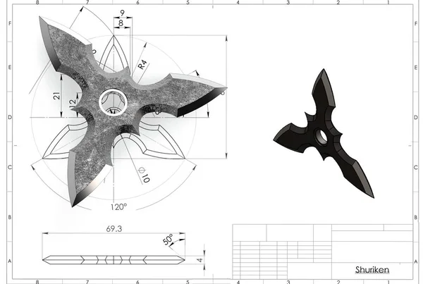技術図面の上に忍者手裏剣スターの3Dイラスト — ストック写真