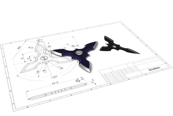 Иллюстрация Звезды Ниндзя Сюрикен Над Техническим Чертежом — стоковое фото