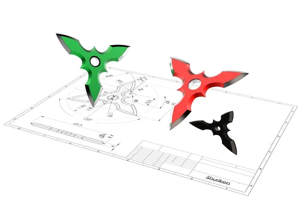 Иллюстрация Звезды Ниндзя Сюрикен Над Техническим Чертежом — стоковое фото