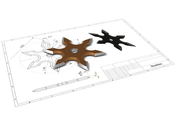 Illustration Des Ninja Shuriken Sterns Über Der Technischen Konstruktionszeichnung — Stockfoto