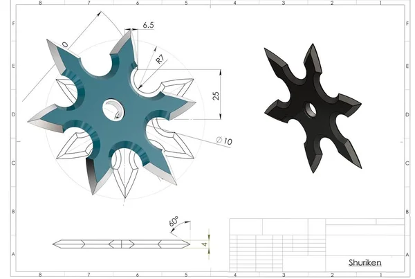 Illustratie Van Ninja Shuriken Ster Boven Technische Engineering Tekening — Stockfoto