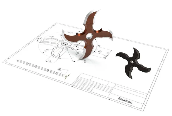 Ilustración Ninja Shuriken Estrella Por Encima Dibujo Ingeniería Técnica — Foto de Stock