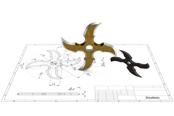 Ilustración Ninja Shuriken Estrella Por Encima Dibujo Ingeniería Técnica — Foto de Stock