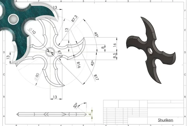 Illustration Ninja Shuriken Star Technical Engineering Drawing — 스톡 사진