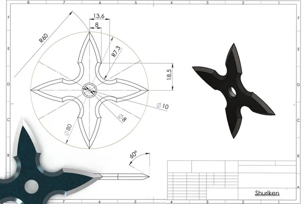 Illustration Ninja Shuriken Star Technical Engineering Drawing — 스톡 사진