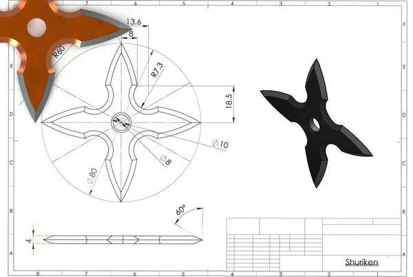 Illustratie Van Ninja Shuriken Ster Boven Technische Engineering Tekening — Stockfoto