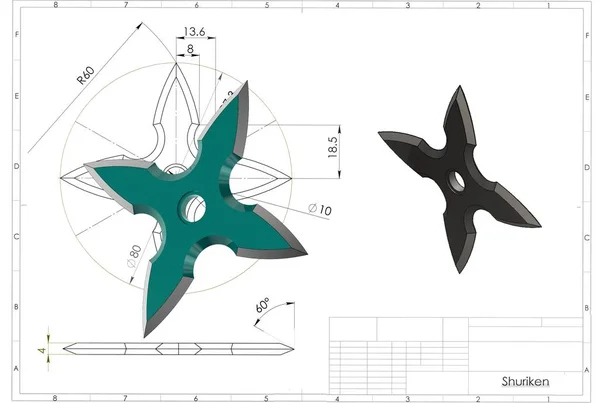 Illustration Ninja Shuriken Star Technical Engineering Drawing — 스톡 사진