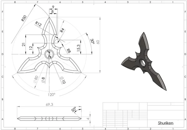 Ilustración Ninja Shuriken Estrella Por Encima Dibujo Ingeniería Técnica — Foto de Stock