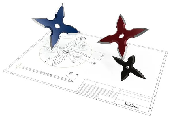 Illustration Des Ninja Shuriken Sterns Über Der Technischen Konstruktionszeichnung — Stockfoto