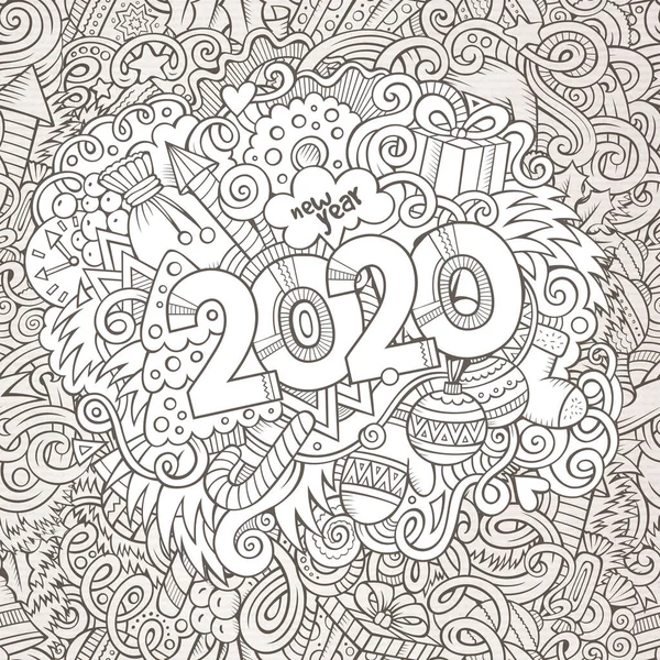 2020 hand drawn doodles contour line illustration. New Year poster. — Stock Vector