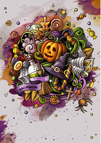 Tekenfilm schattig kleurrijke hand getekend doodles gelukkig Halloween poster — Stockfoto