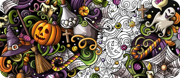 Karikatura roztomilé barevné ručně kreslené čmáranice Happy Halloween banner — Stock fotografie