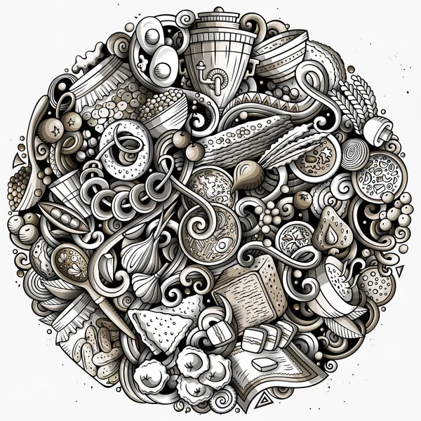 Russo comida mão desenhada doodles ilustração. Rússia pôster da cozinha — Fotografia de Stock