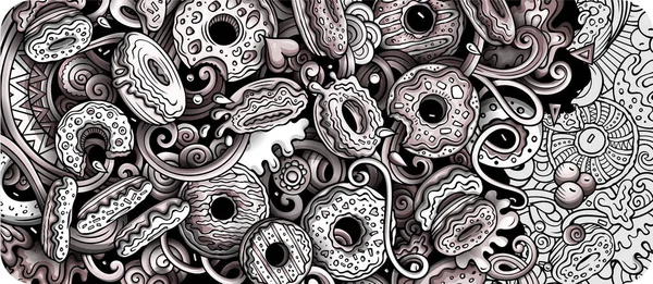 Donuts mano dibujado doodle banner. Dibujos animados ilustraciones detalladas . — Archivo Imágenes Vectoriales