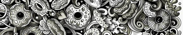 Donuts mão desenhado doodle banner. Desenhos animados ilustrações detalhadas . — Vetor de Stock