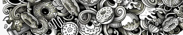 Donuts mano dibujado doodle banner. Dibujos animados ilustraciones detalladas . — Archivo Imágenes Vectoriales