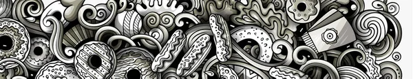 Donuts handgezeichnetes Doodle Banner. Zeichentrickfilm. — Stockvektor