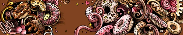 Donuts met de hand getekende doodle banner. Cartoon gedetailleerde illustraties. — Stockvector