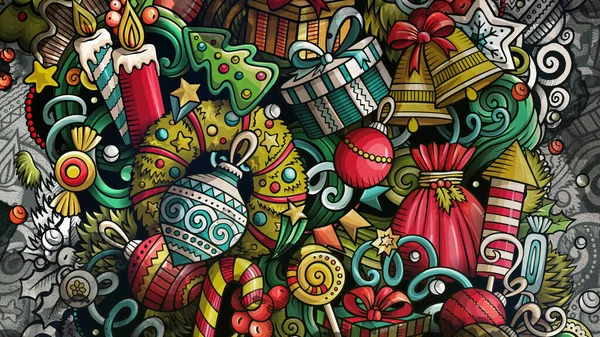Doodles Gelukkig Nieuwjaar grafische illustratie. Creatieve vrolijke kerst kunst achtergrond. — Stockfoto