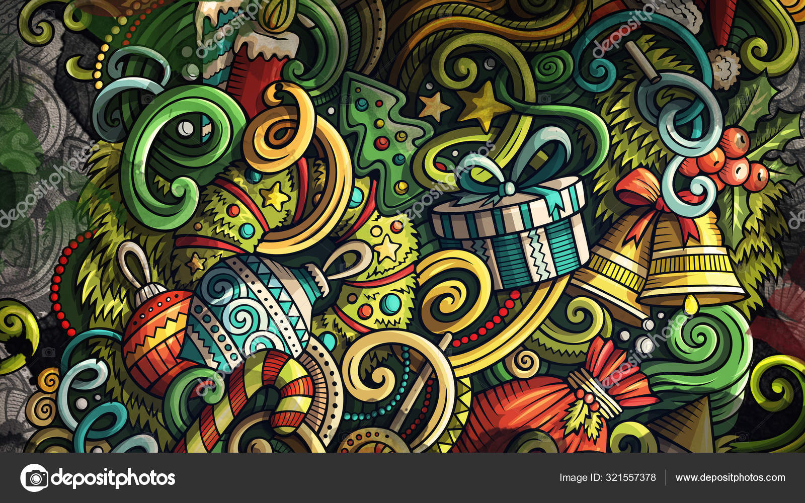 Doodles Happy New Year graphics illustration. Creative Merry Christmas art  background. Stock Illustration by ©3dsparrow #321557378, image size:1600x1000