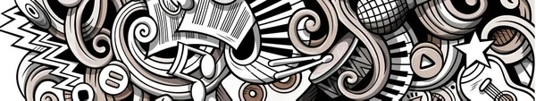 Música dibujada a mano doodle banner. Dibujos animados ilustraciones detalladas . — Vector de stock