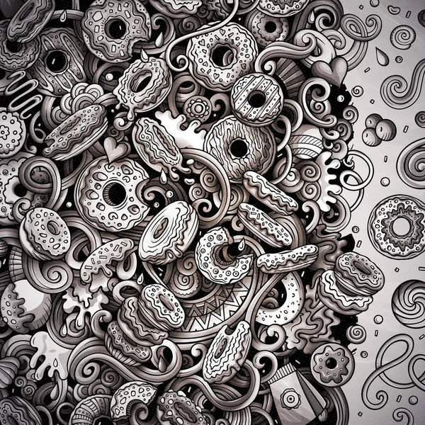 Donuts mão desenhado doodles ilustração. Design de cartão de quadro de doces — Fotografia de Stock