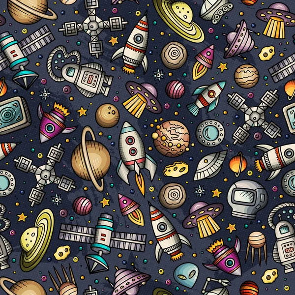 Dibujos animados dibujado a mano espacio, planetas patrón sin costura —  Fotos de Stock