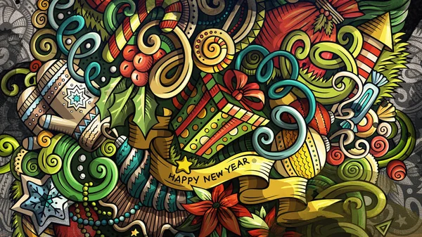 Doodles Happy New Year graphics illustration. Creative Merry Christmas art background.