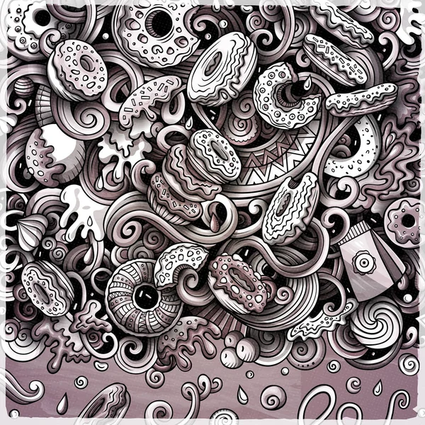 Donutlar elle çizilmiş karalama çizimleri. Sweets çerçeve kartı tasarımı — Stok fotoğraf