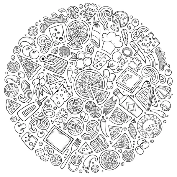 Set di oggetti scarabocchiare cartone animato pizza, simboli e oggetti — Foto Stock