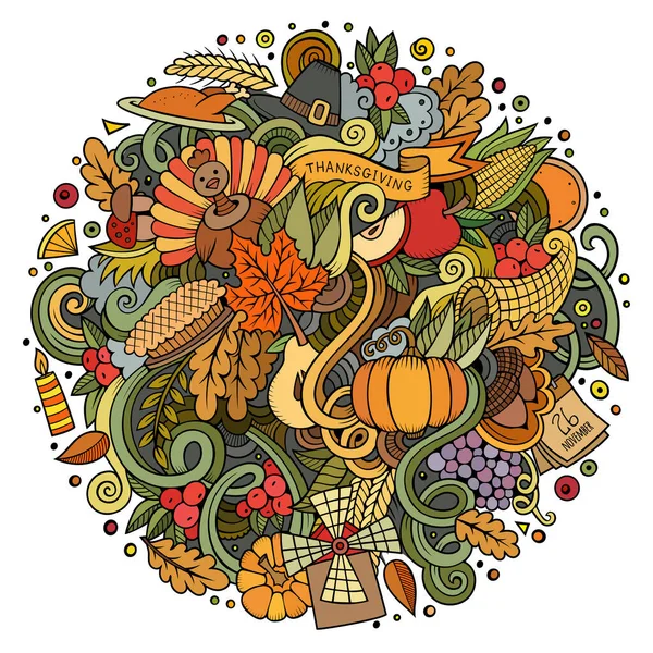 Cartoon cute doodles hand drawn Thanksgiving illustration — Stock Photo, Image