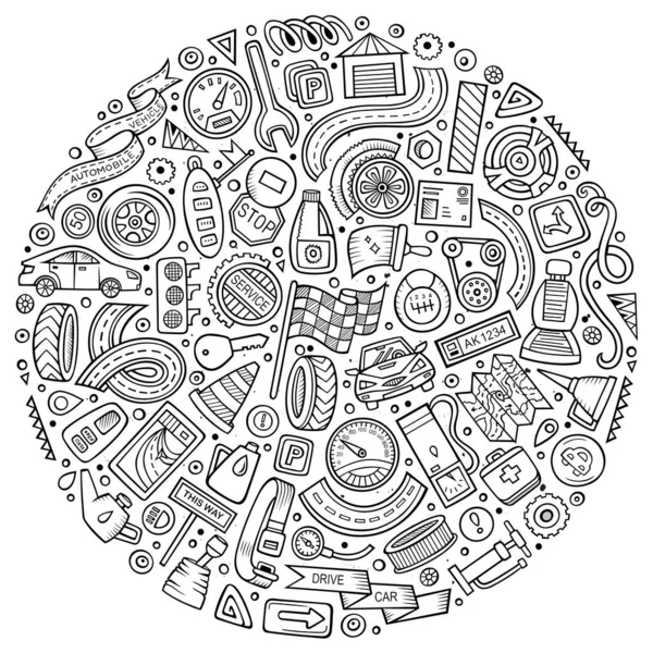 Linha de arte mão desenhada conjunto de automóveis desenhos animados doodle objetos — Fotografia de Stock