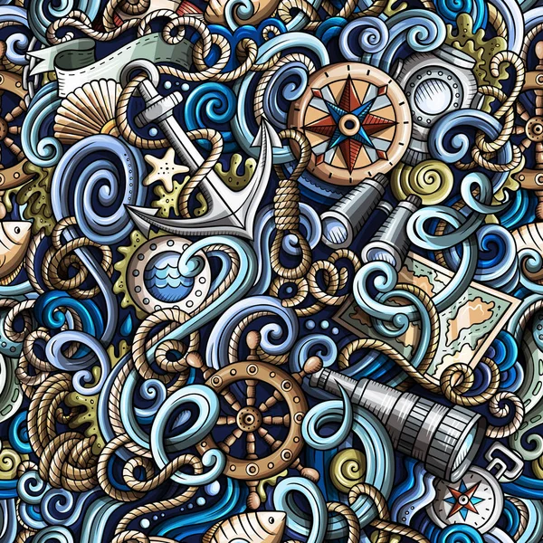 Cartoon hand-drawn nautical doodles seamless pattern — Stock Photo, Image