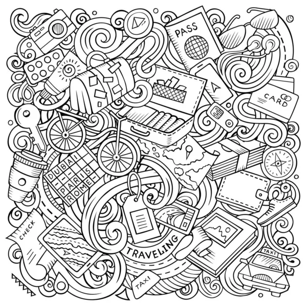 Desenhos animados bonito doodles viajando ilustração — Fotografia de Stock