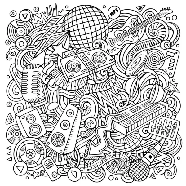 Cartoon line art doodles Disco music illustration