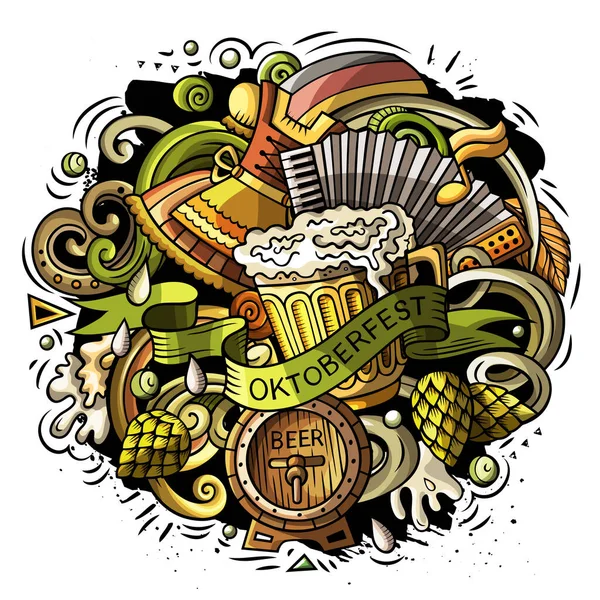 Cartoon doodles bier Fest illustratie. Felle kleuren Oktoberfest grappige foto — Stockfoto