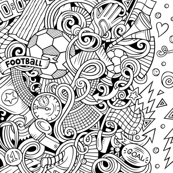 卡通涂鸦足球的框架。 线条艺术，有大量的对象背景 — 图库照片