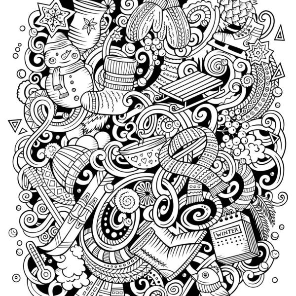 Карикатура каракули Зимняя иллюстрация. Контурный рисунок холодного сезона — стоковое фото