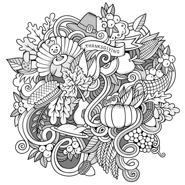 Caricatura dibujada a mano Doodle Thanksgiving. Diseño incompleto —  Fotos de Stock