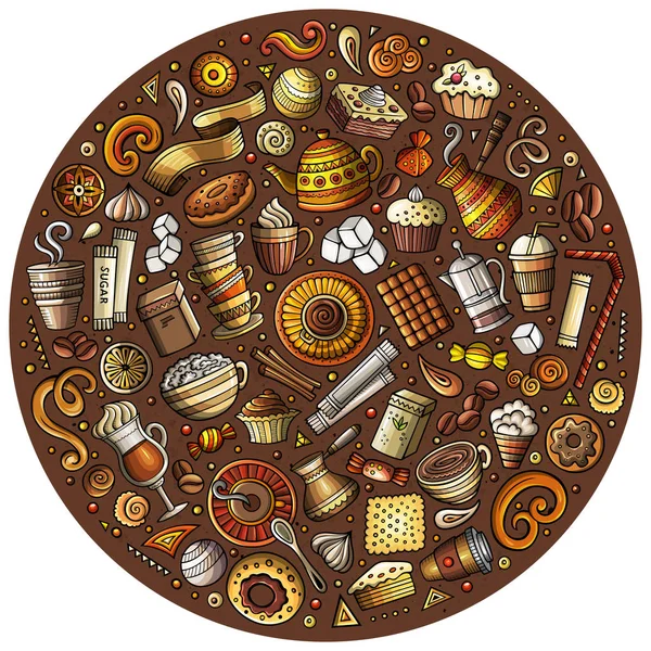 Набір кавових мультиплікаційних каракулів об'єктів, символів та предметів — стокове фото