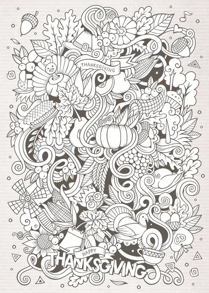 Caricatura dibujada a mano Doodle Thanksgiving. Diseño incompleto —  Fotos de Stock