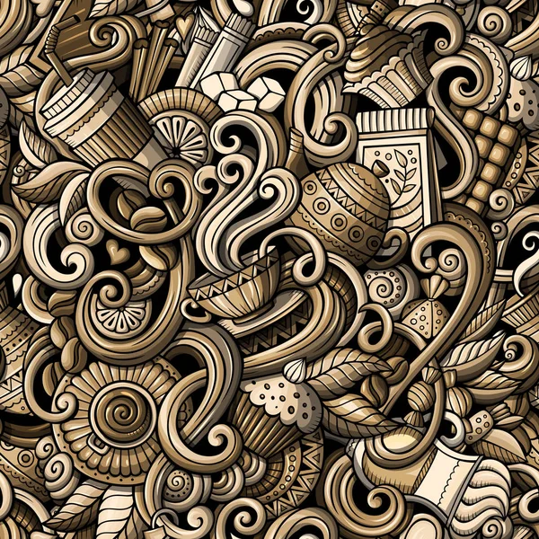 Desenhos animados rabiscos desenhados à mão de café, café sem costura padrão — Fotografia de Stock