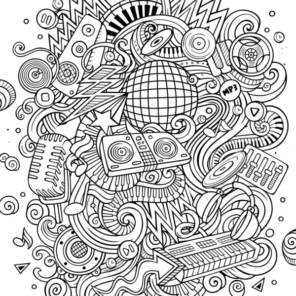 Cartoon line sztuka doodles Disco muzyka ilustracja — Zdjęcie stockowe