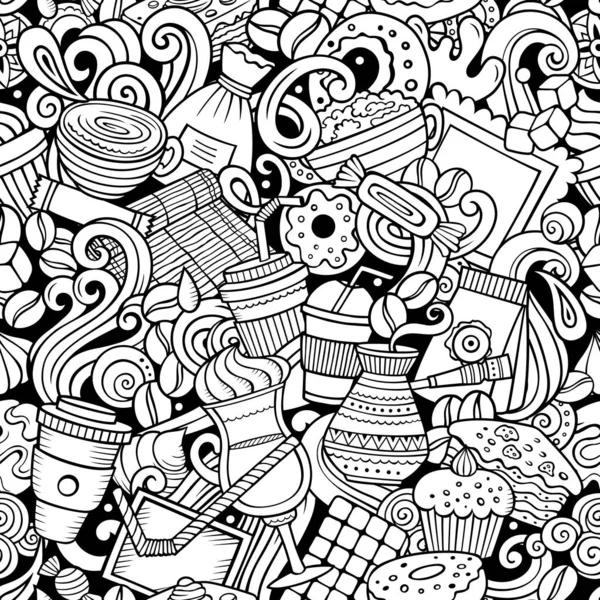 Desenhos animados doodles bonito mão desenhada café loja sem costura padrão . — Fotografia de Stock