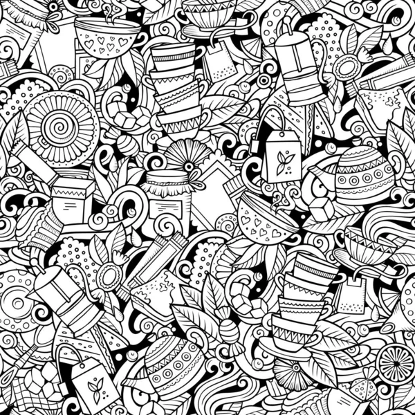 Cartoon cute doodles hand drawn Tea House seamless pattern.