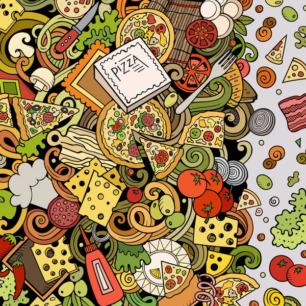 Cartoon doodles Pizza frame. Heldere kleuren pizzeria grappige rand — Stockfoto