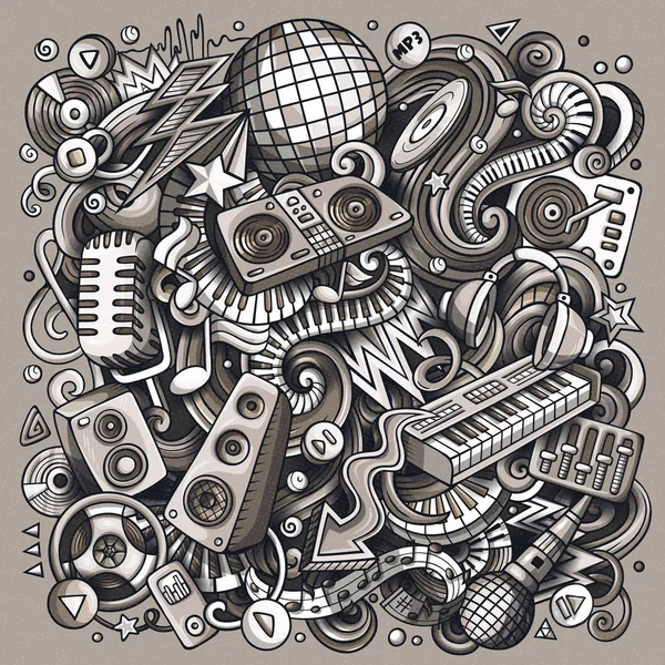 Cartoon doodles Disco music illustration. Imagen divertida musical tonificada —  Fotos de Stock